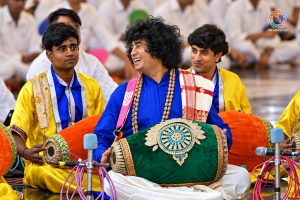 Joyful devotional musicians in intimate performance